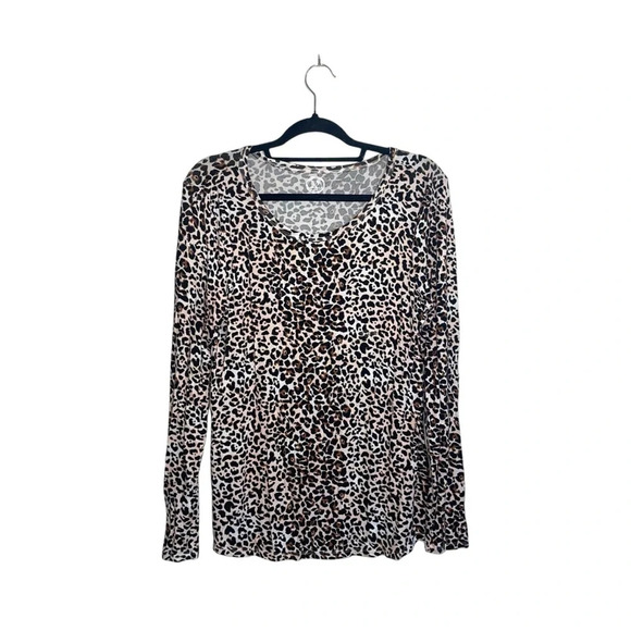 Maurices 24/7 Cream Brown Leopard Print Crew Neck Long Sleeve Tee Large Women’s - Picture 2 of 11